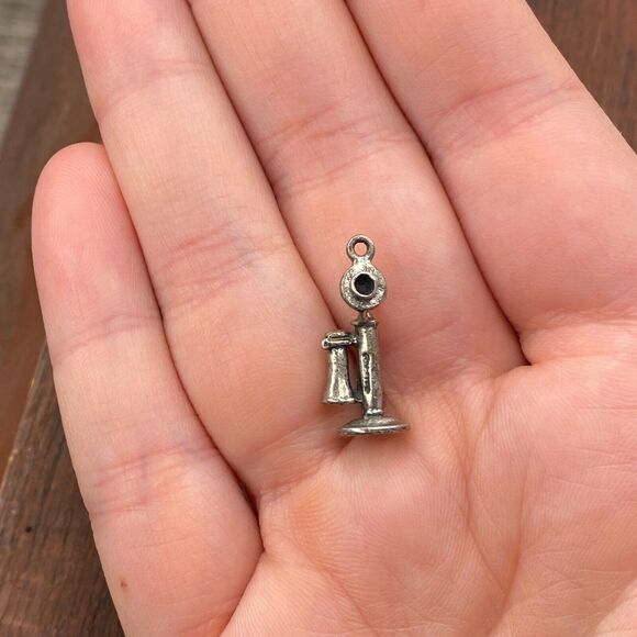 Vintage 925 Sterling Silver Retro Candlestick Telephone Pendant Bracelet Charm - Picture 1 of 4